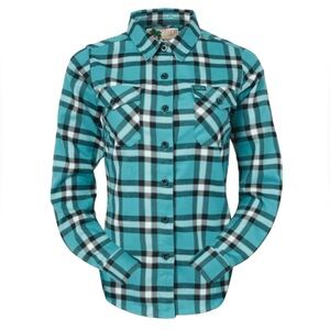 DIXXON Women's Cancun Flannel Shirt Plaid Teal Black White Large NWOT